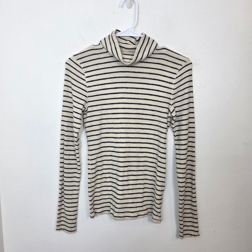 Abercrombie & Fitch Cream Black Stripe Mock Neck Ribbed Stretch Fitted Sweater S